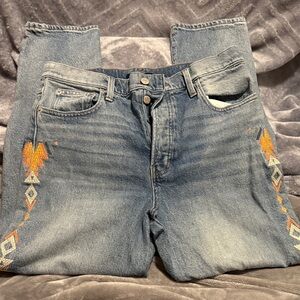 Lucky Brand Light Blue Denim Mom Jeans with Orange Embroidery